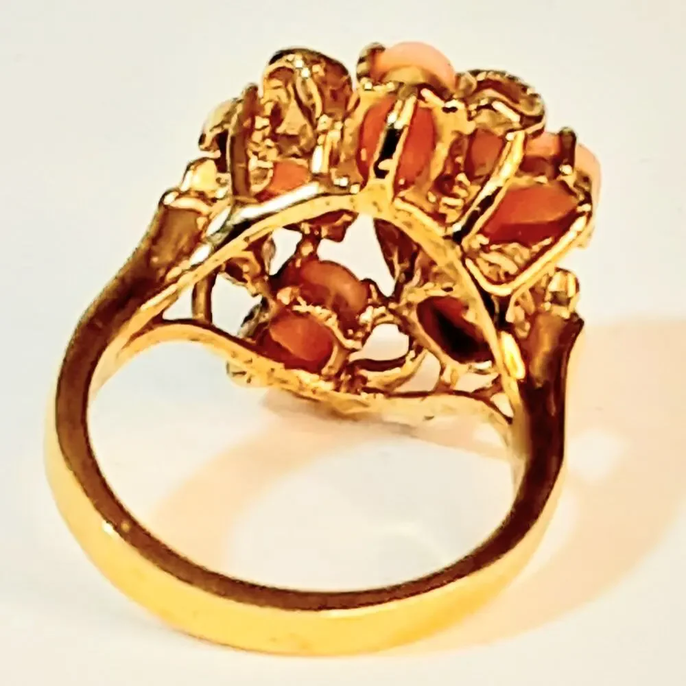 Oval Peach Pink Cluster Caobochon Ring Gold Tone Floral Design Size 5